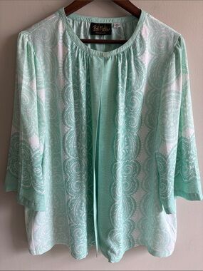 Bob Mackie Wearable Art 1X Aqua Paisley Print Blouse 3/4 Sleeve Lightweight Top